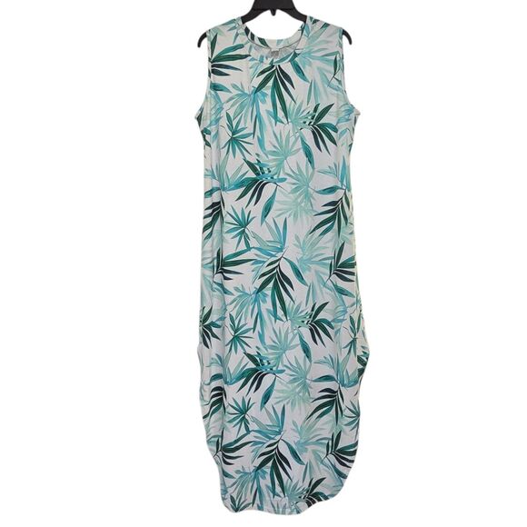 Anrabess Tropical Tank Shift Maxi Dress Size L Green Palm Print Pullover Casual - Picture 1 of 16